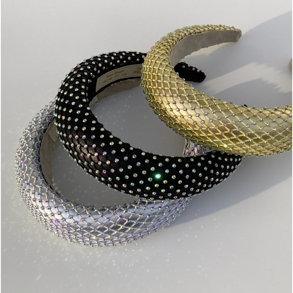 Gold Padded 1.5” Headband with Rhinestone-Adorned Mesh Overlay Handmade - Picture 3 of 10